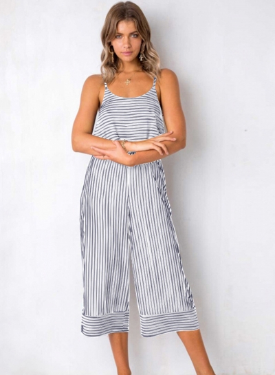 White Striped Spaghetti Strap Round Neck Backless Wide Leg Jumpsuit LEXELFASHIONINTSHOPS.com