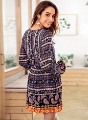 Navy Boho Floral Print V Neck Long Sleeve Elastic Waist A-Line Midi Dress