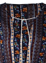 Navy Boho Floral Print V Neck Long Sleeve Elastic Waist A-Line Midi Dress