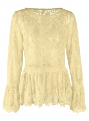 Yellow Sexy Long Sleeve Round Neck Lace Hollow Out Blouse
