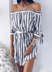 Grey Summer Striped Off Shoulder Half Sleeve Mini Dress