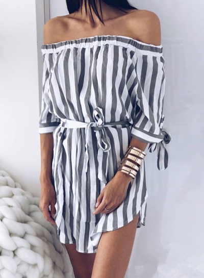 Grey Summer Striped Off Shoulder Half Sleeve Mini Dress YOUYOUFASHIONEC.com