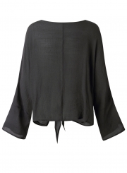 Deep Grey Round Neck Long Sleeve Bow Tie Loose Pullover Blouse