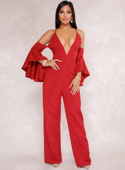 Red Fashion Sexy Solid Flounce Sleeve V Neck Back Zip Wide Leg Jumpsuit LEXELFASHIONINTSHOPS.com