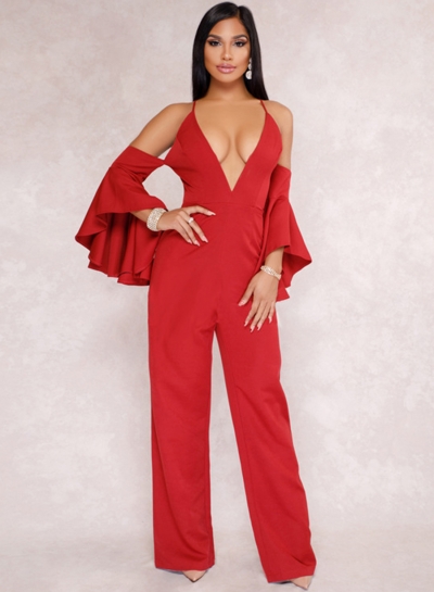 Red Fashion Sexy Solid Flounce Sleeve V Neck Back Zip Wide Leg Jumpsuit