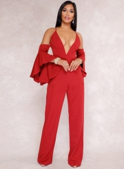 Red Fashion Sexy Solid Flounce Sleeve V Neck Back Zip Wide Leg Jumpsuit