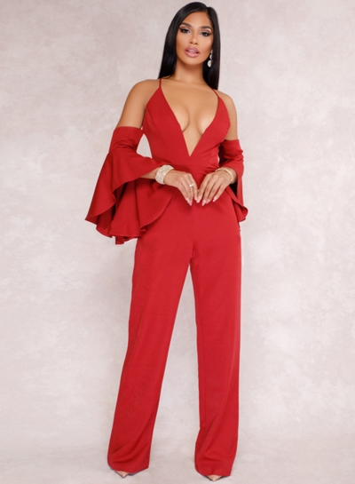 v neck red jumpsuit