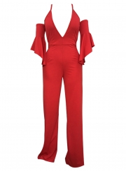 Red Fashion Sexy Solid Flounce Sleeve V Neck Back Zip Wide Leg Jumpsuit