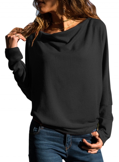 Black Casual Slash Neck Long Sleeve Loose Pullover Sweatshirt STYLESIMO.com