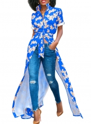 Blue Summer Floral Print Short Sleeve Waist Tie High Slit Maxi Shirt Dress