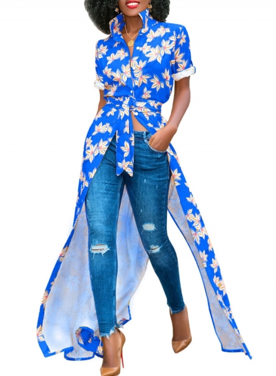 Blue Summer Floral Print Short Sleeve Waist Tie High Slit Maxi Shirt Dress YOUYOUFASHIONEC.com