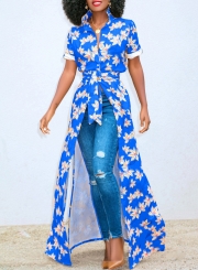 Blue Summer Floral Print Short Sleeve Waist Tie High Slit Maxi Shirt Dress