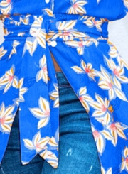 Blue Summer Floral Print Short Sleeve Waist Tie High Slit Maxi Shirt Dress