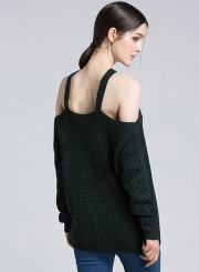 Deep Dreen Off Shoulder Round Neck Long Sleeve Loose Solid Color Sweater