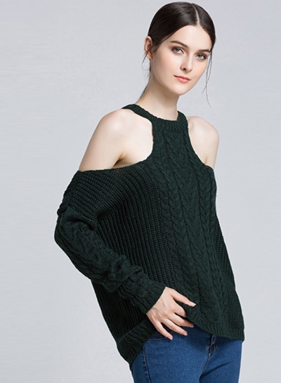 Deep Dreen Off Shoulder Round Neck Long Sleeve Loose Solid Color Sweater stylesimo.com