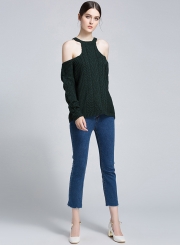 Deep Dreen Off Shoulder Round Neck Long Sleeve Loose Solid Color Sweater