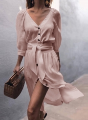 V Neck Puff Sleeve Button Casual Dress With Belt