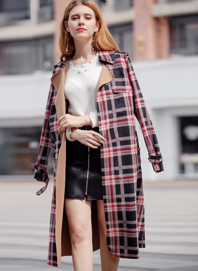 Outwear Classic Red Plaid Suede Trench Coats