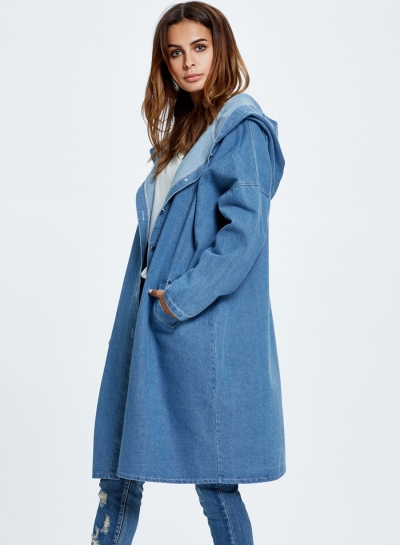 Blue Hooded Long Jean Coat Casual Long Sleeve Denim Jacket Outwear Overcoat