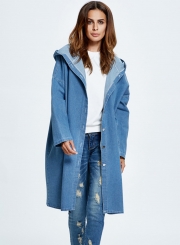 Blue Hooded Long Jean Coat Casual Long Sleeve Denim Jacket Outwear Overcoat