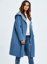 Blue Hooded Long Jean Coat Casual Long Sleeve Denim Jacket Outwear Overcoat