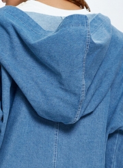 Blue Hooded Long Jean Coat Casual Long Sleeve Denim Jacket Outwear Overcoat