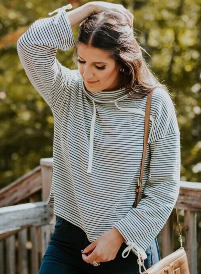 Top Stripes Funnel Neck Pullover YOUYOUFASHIONEC.com