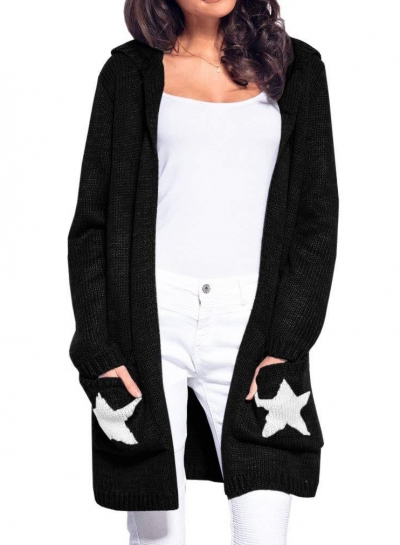 Casual Long Sleeve Star Pattern Open Front Hooded Chunky Cardigan STYLESIMO.com