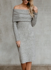 Grey Women's Off Shoulder Bodycon Long Sleeve Sweater Midi Dress