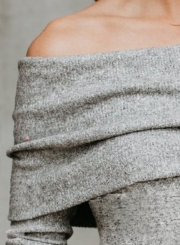 Grey Women's Off Shoulder Bodycon Long Sleeve Sweater Midi Dress
