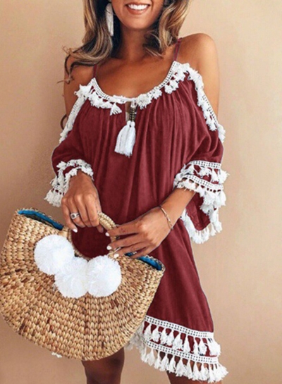 Casual Loose Short Sleeve Strappy Off The Shoulder Mini Dress With Tassel STYLESIMO.com