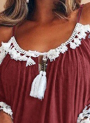 Casual Loose Short Sleeve Strappy Off The Shoulder Mini Dress With Tassel