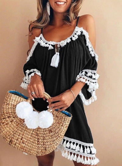 Casual Loose Short Sleeve Strappy Off The Shoulder Mini Dress With Tassel YOUYOUFASHIONEC.com