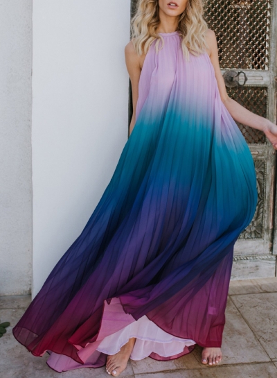 Sexy Chiffon Halter Top Sleeveless Backless Dye Loose Maxi Dress