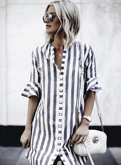 Loose Short Sleeve Striped Printed Shirt Dress YOUYOUFASHIONEC.com