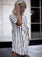 Loose Short Sleeve Striped Printed Shirt Dress