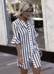 Loose Short Sleeve Striped Printed Shirt Dress