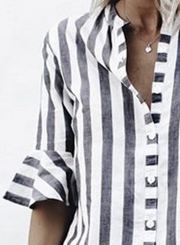 Loose Short Sleeve Striped Printed Shirt Dress