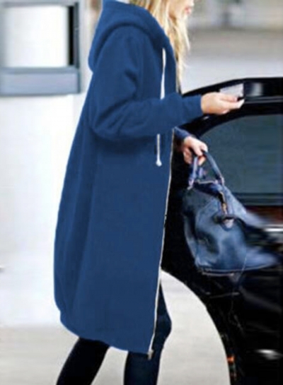 Solid Long Sleeve Full Zip Hooded Coat