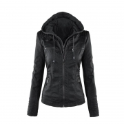 s Long sleeved pure color  Hooded Faux leather Jacket