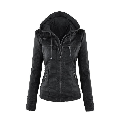 s Long sleeved pure color  Hooded Faux leather Jacket