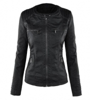 s Long sleeved pure color  Hooded Faux leather Jacket