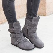 All Season Adjustable Buckle Low Heel Faux Suede Boots