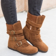 All Season Adjustable Buckle Low Heel Faux Suede Boots