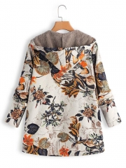 Vintage Leaves Floral Print Hoodie Long Sleeve Coat