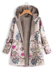 Vintage Leaves Floral Print Hoodie Long Sleeve Coat