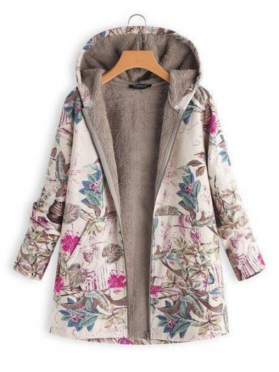 Vintage Leaves Floral Print Hoodie Long Sleeve Coat YOUYOUFASHIONEC.com