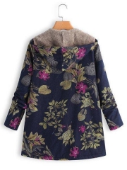 Vintage Leaves Floral Print Hoodie Long Sleeve Coat