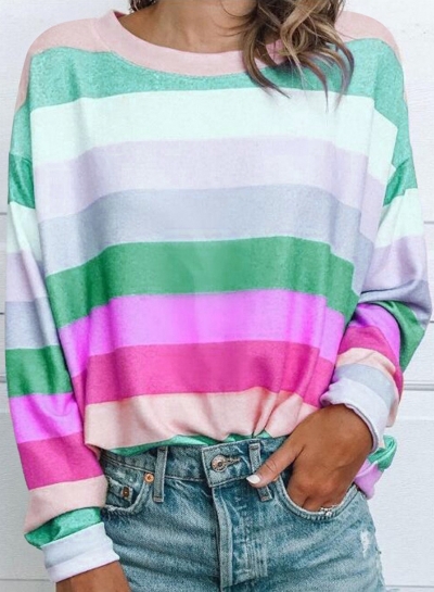 Fashion Rainbow Colourful Striped Casual Tops T-Shirt STYLESIMO.com