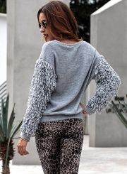 Round Long Sleeve Solid Color Tassel Pullover Sweater